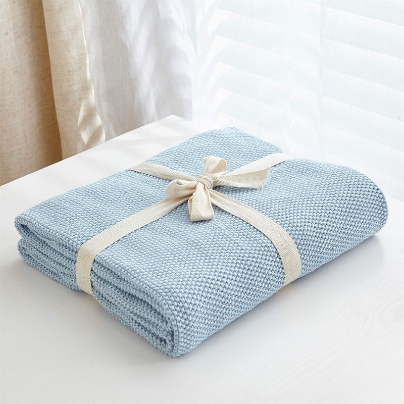 Longhui bedding 100% Cotton Light Blue Lightweight Cable Knit Throw Blanket for Couch Sofa Bed Home DÃ©cor Bonus Laundering Bag â€“ Large 60 x 80 Inch, Machine Washable, Blue Color - Image 2